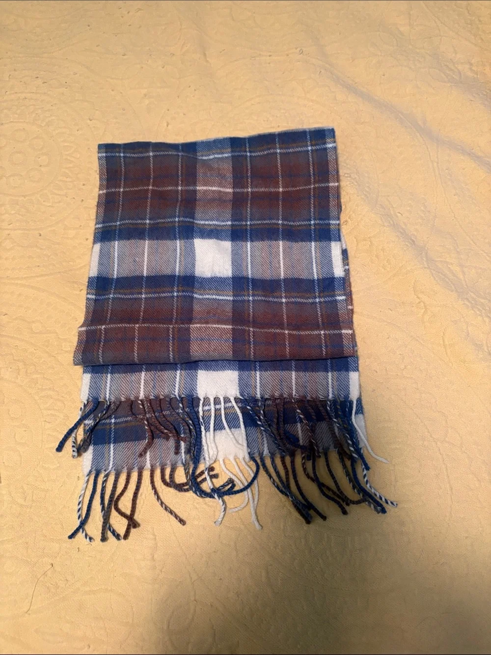 Plaid Wool Fringe Scarf - Blue & Brown